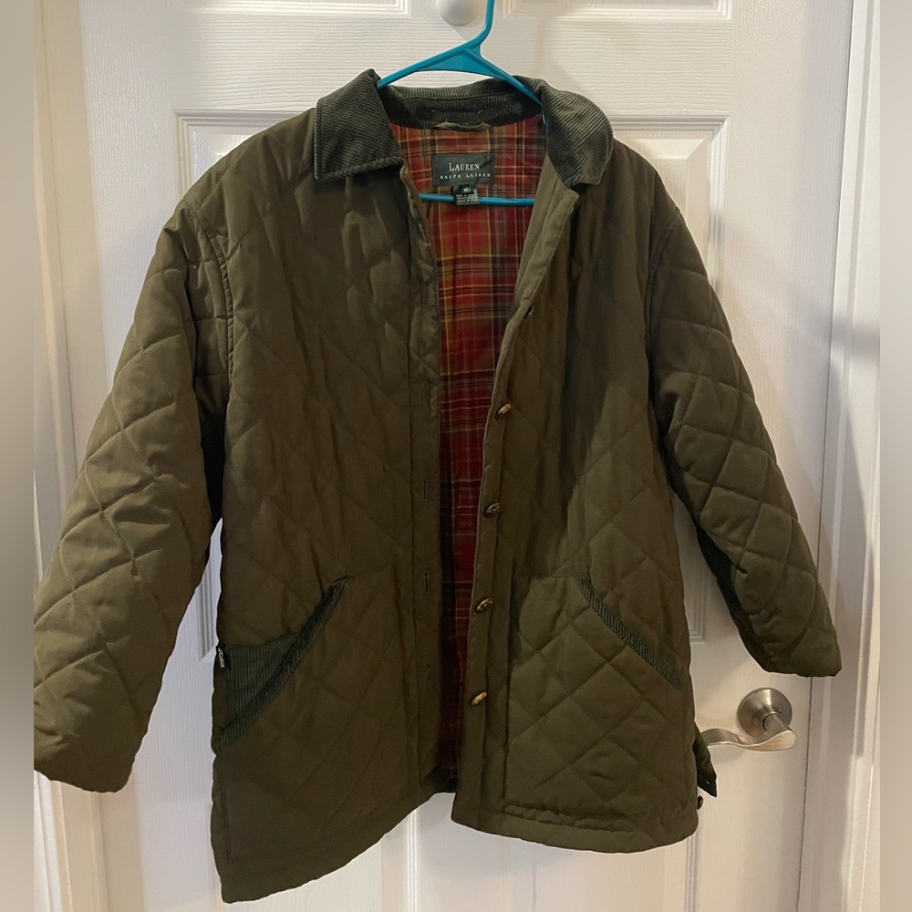 RALPH LAUREN - Quilted coat with suede trim, size M, runs oversized